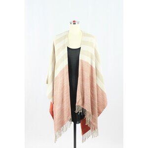 ECHO Beige Orange Colorblock Soft Knit Fringed Ruana Poncho Wrap Shawl Scarf